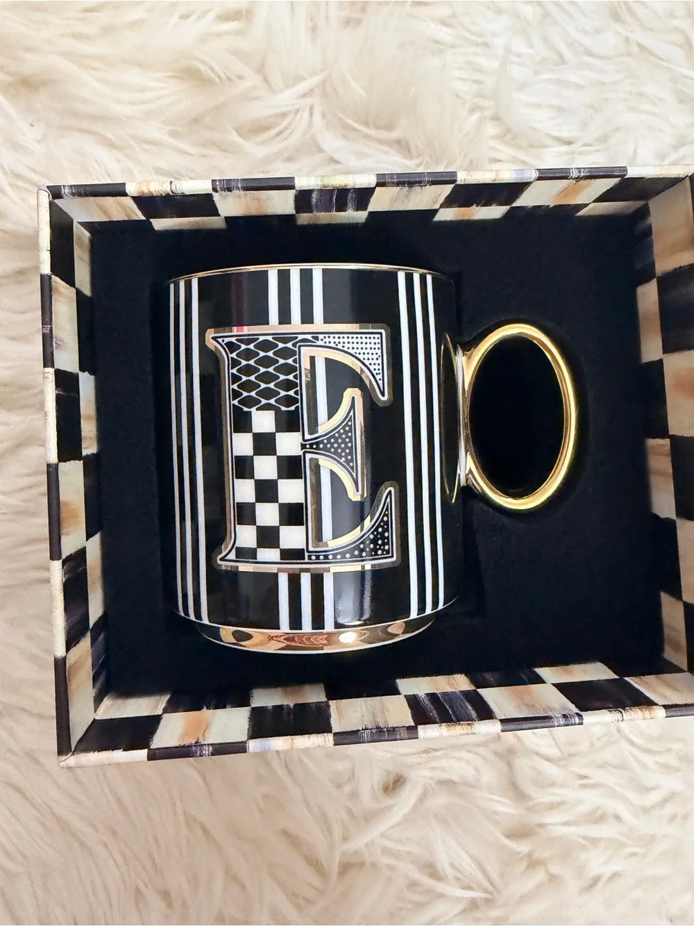 MacKenzie-Childs Black & Gold Monogram 'E' Mug